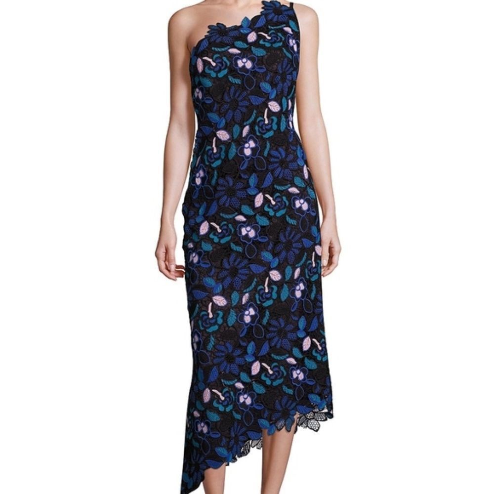 Floral Lace One Shoulder Asymmetric Hem Midi Dress‎
